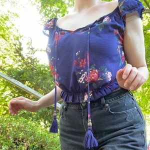 Rewind Floral Crop Top w/ Beaded Tassels